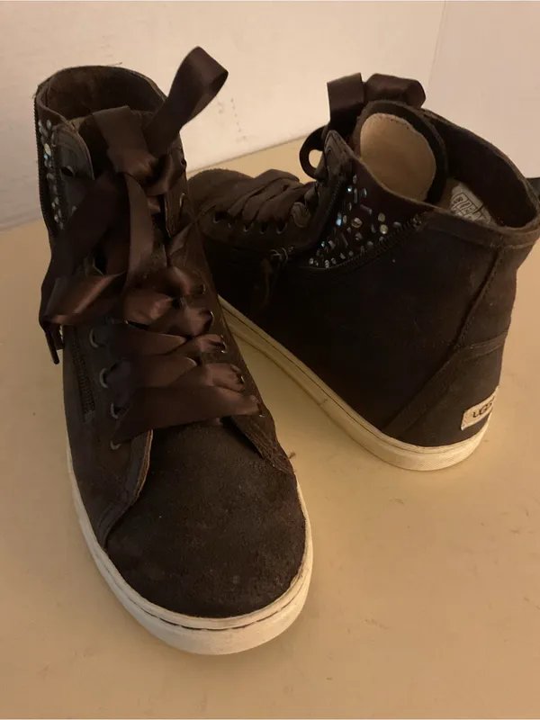 UGG Women's Dark Brown leather High-Top Sneakers with Ribbon Laces US 8.5 - Image 8