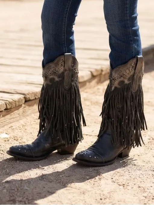 Corral Sierra Fringe Studded Cowgirl Boots Dark Brown Leather Size 5.5 Rodeo - Image 2
