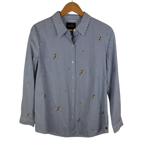 Scotch‎ & Soda Striped Star Embroidered Button Down Shirt Medium Blue Preppy - Image 2