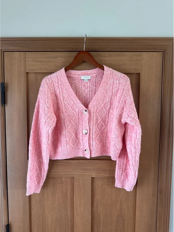 Topshop Wool Blend Cable Knit Crop Button Front Cardigan Pink Women’s XS - Image 2