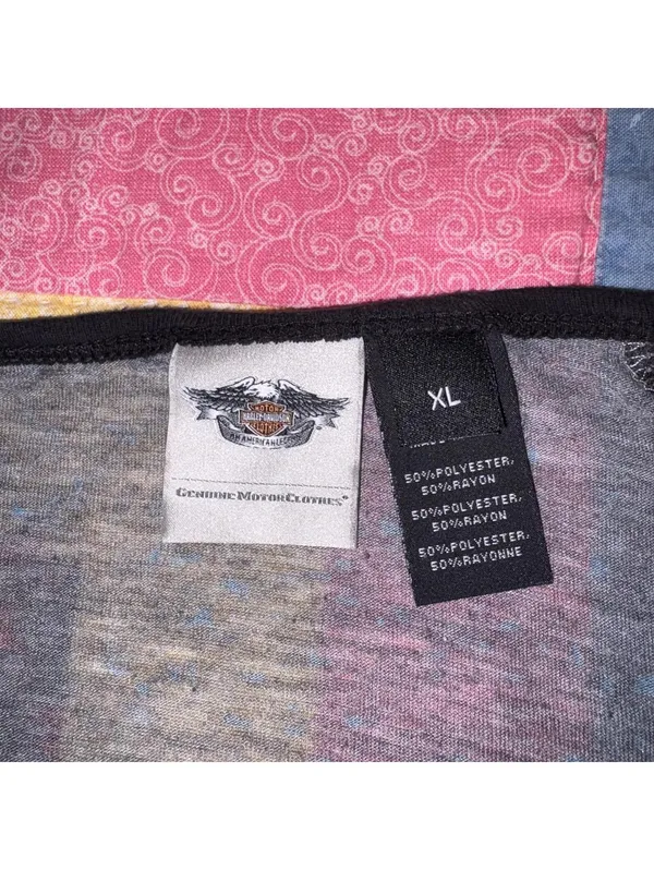 Harley-Davidson Woman’s XL Rhinestone Raglan Henley Top Gray Black Star Sleeves - Image 5