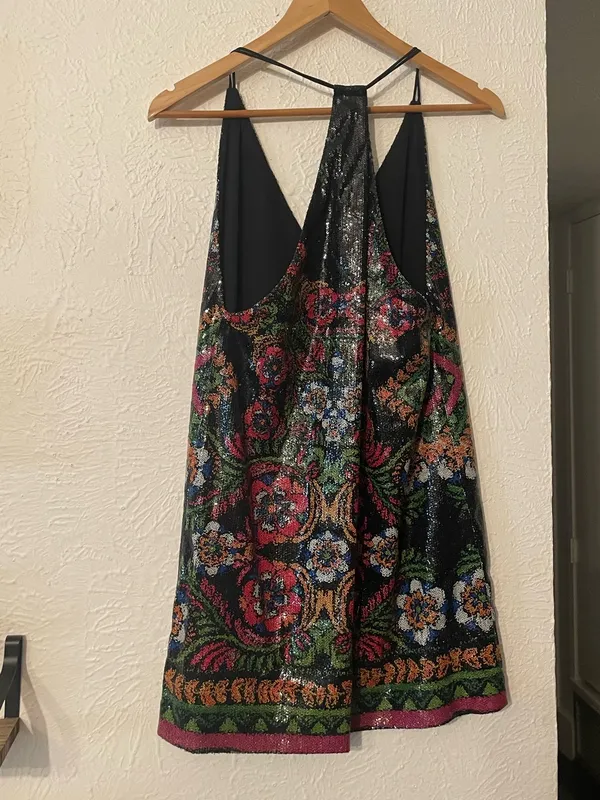 Free People Multicolor Sequin Floral Halter Mini Dress Small - Image 5
