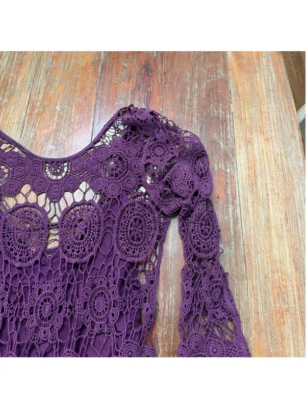 Free People Purple Crochet Lace Mini Dress Double Tie Back Tassel Bell Sleeve Sm - Image 4
