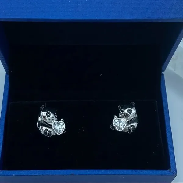 Panda Bear Sterling Silver CZ Heart Stud Earrings Silver - Image 3