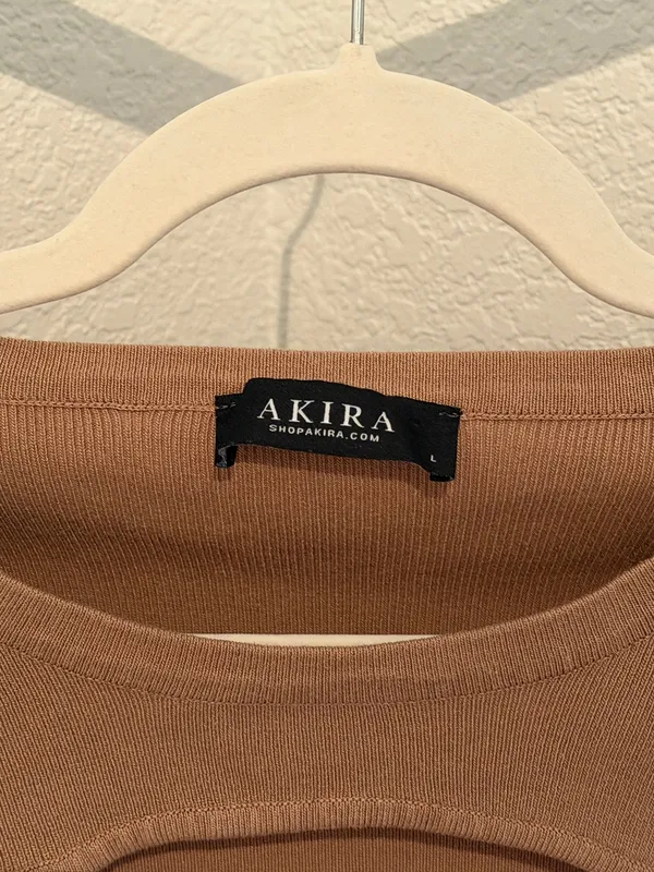AKIRA Black Label Cutout Bodycon Mini Dress Tan Black Long Sleeve - Image 4