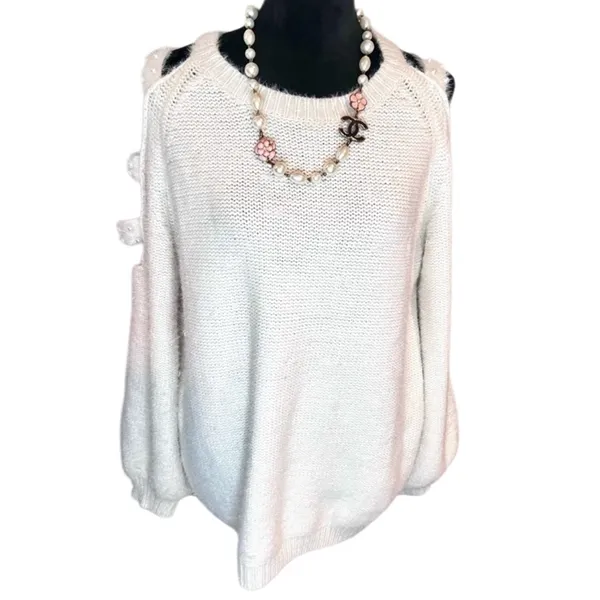 Easel Cream Pearl Cutout Sleeve Fuzzy Knit Sweater S/M - Image 3