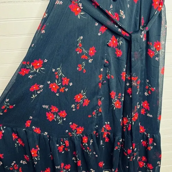 Calvin Klein Women's Floral V-Neck Dress Blue Size 2 Tie Waist Short Sleeve - Image 6