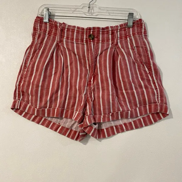 American Eagle Size 10 Red White Striped Linen Blend High Rise Shorts - Image 2