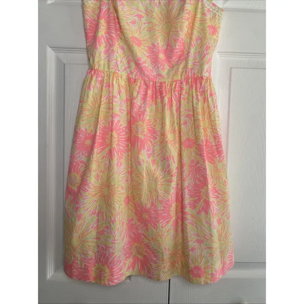 Lilly Pulitzer Fit Flare Dress Womens Size 2 Pink‎ Yellow Floral Sunburst Cotton - Image 3