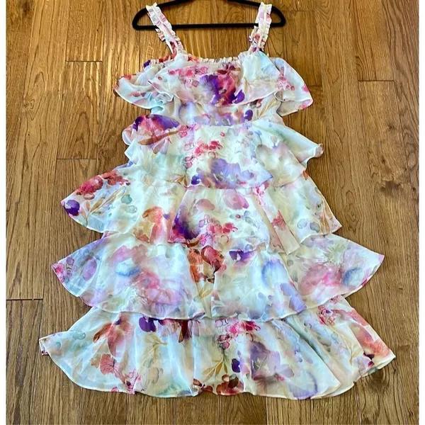 Storia ruffled tiered chiffon floral dress size m - Image 13