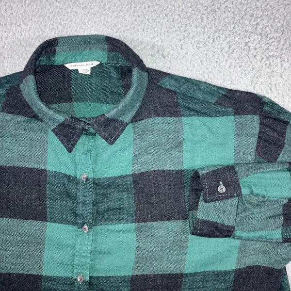 American Eagle Button Up Shirt Women XL Green Buffalo Plaid Peplum L/S Boho Chic - Image 2