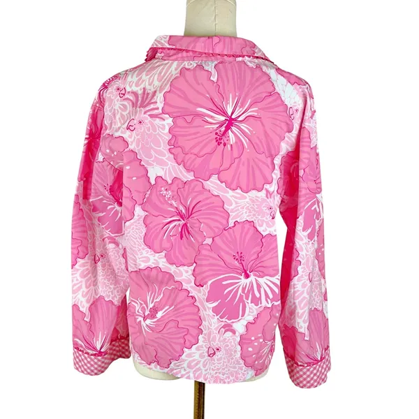 Lilly Pulitzer Button Down Pajama Shirt Top Pink Hibiscus Gingham Ric Rack MED - Image 2