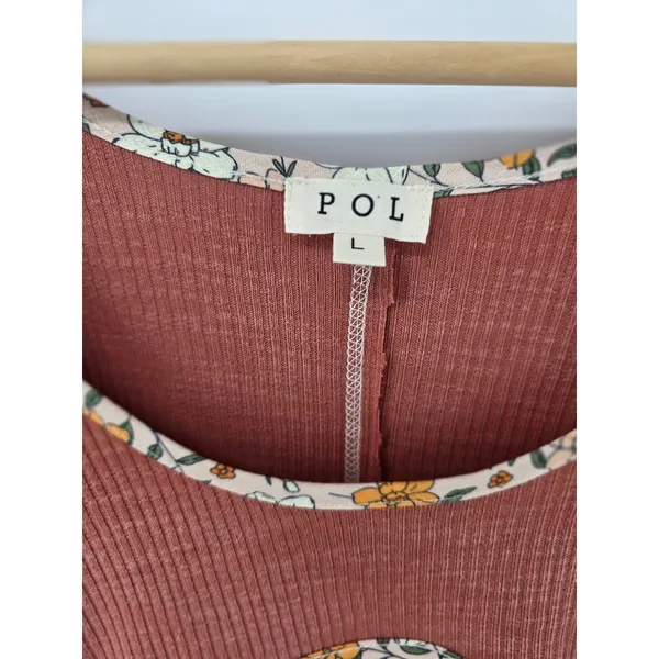 POL Bodysuit Women L YKP173 Rust Orange Floral Trim Ribbed Long Sleeve EXCELLENT - Image 3