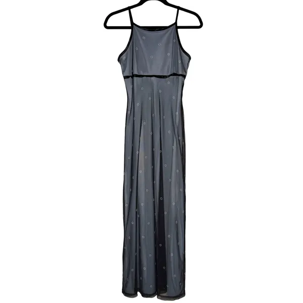 Vtg 90s Mesh Overlay Column Maxi Empire Waist Dress 7/8 Fairy Grunge Whimsigoth - Image 3