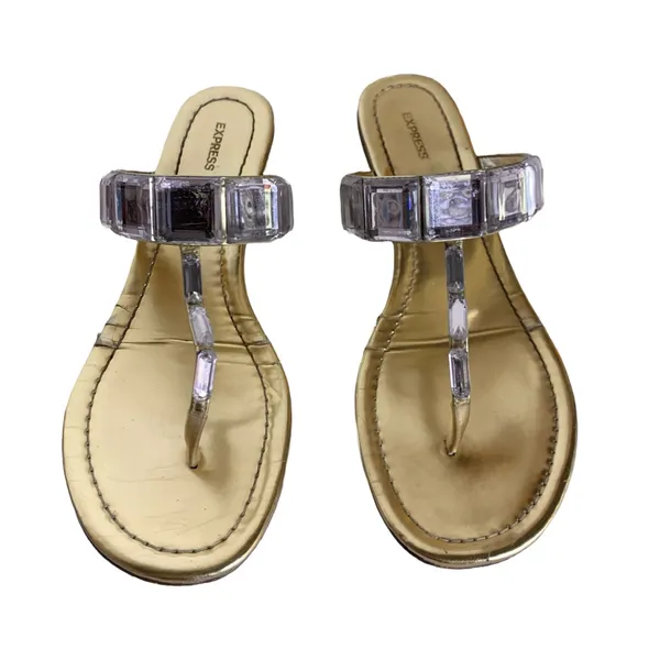 Express Gold Faux Leather With Clear Plastic Crystals Thong Sandals (8) - Image 6