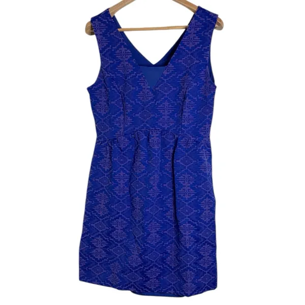 Maeve Anthropologie Averie Royal Blue Aztec Fit And Flare Brocade Dress Size 14 - Image 2