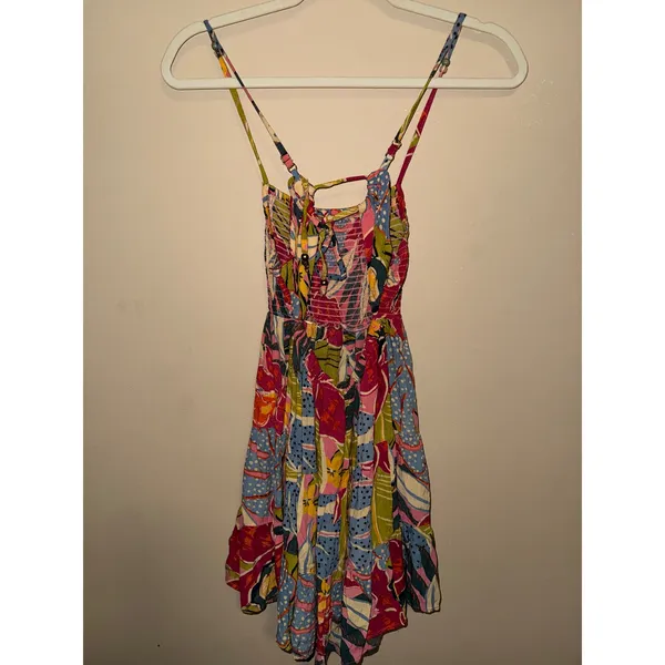 Angie Tropical Floral Smock Mini Dress S Multi Color Tier Boho Sundress vacation beach - Image 7