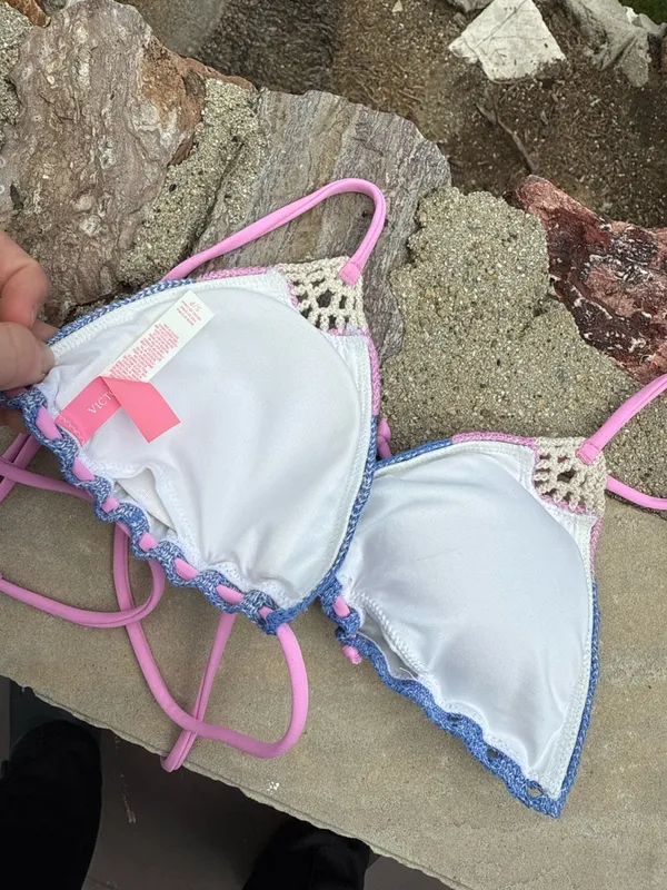 Victoria's Secret Crochet Bikini Top in Blue and Pink size S - Image 3