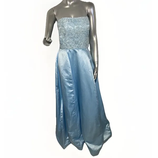 Sherri Hill Ice Blue Satin Prom Dress with Floral Embroidery & Pockets - Sz 10 - Image 3