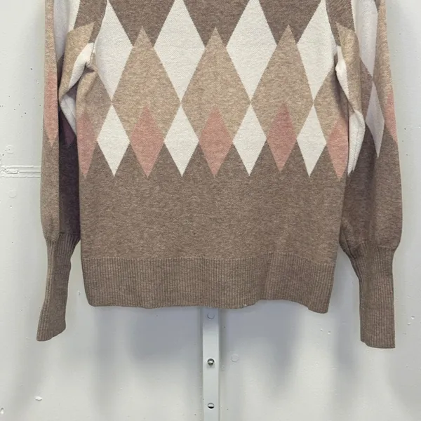 Rachel Zoe Women's Argyle Mock Neck Sweater Diamond Pattern Taupe Pink Cream Med - Image 4