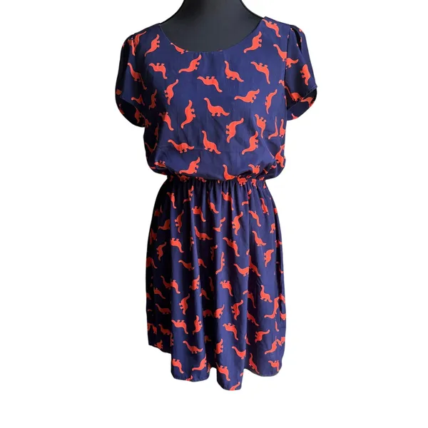Peach Love California Dinosaur Print Dress Small Navy Orange Puff Sleeve Mini - Image 2