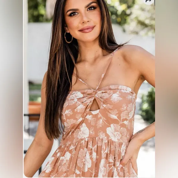 Pink Lily 100% viscose Strapless Floral Dress - Brown and Cream - Image 3