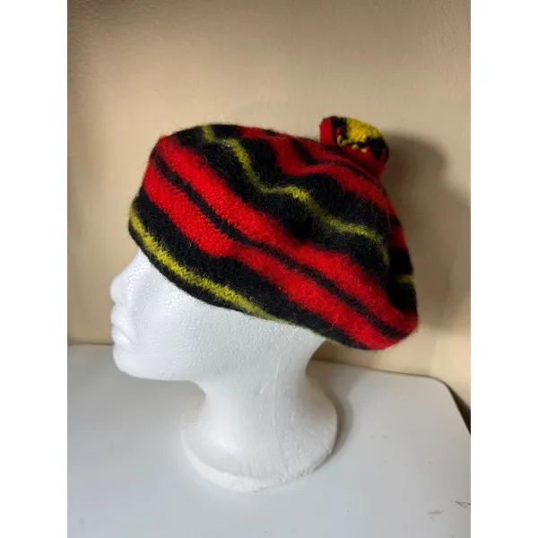 MZ Wallace Wool‎ Beret Hat Striped Red Black Yellow Pom Pom Made in Scotland - Image 3