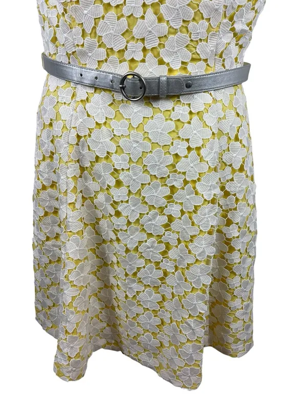 ModCloth 1960s Inspired Floral Lace Fit & Flare Dress Yellow White Belted L - Image 3