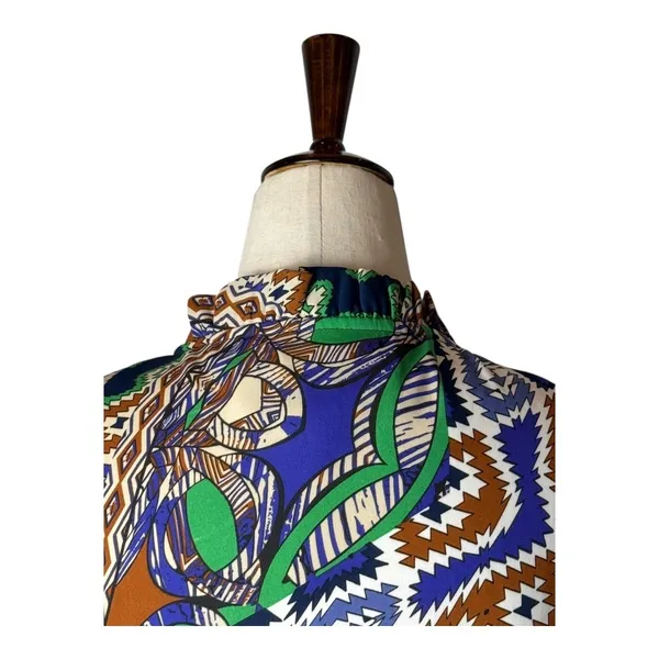 Joy Joy Dress Women Medium Blue Green Abstract‎ Long Sleeve Ruffle Neck Mini - Image 4