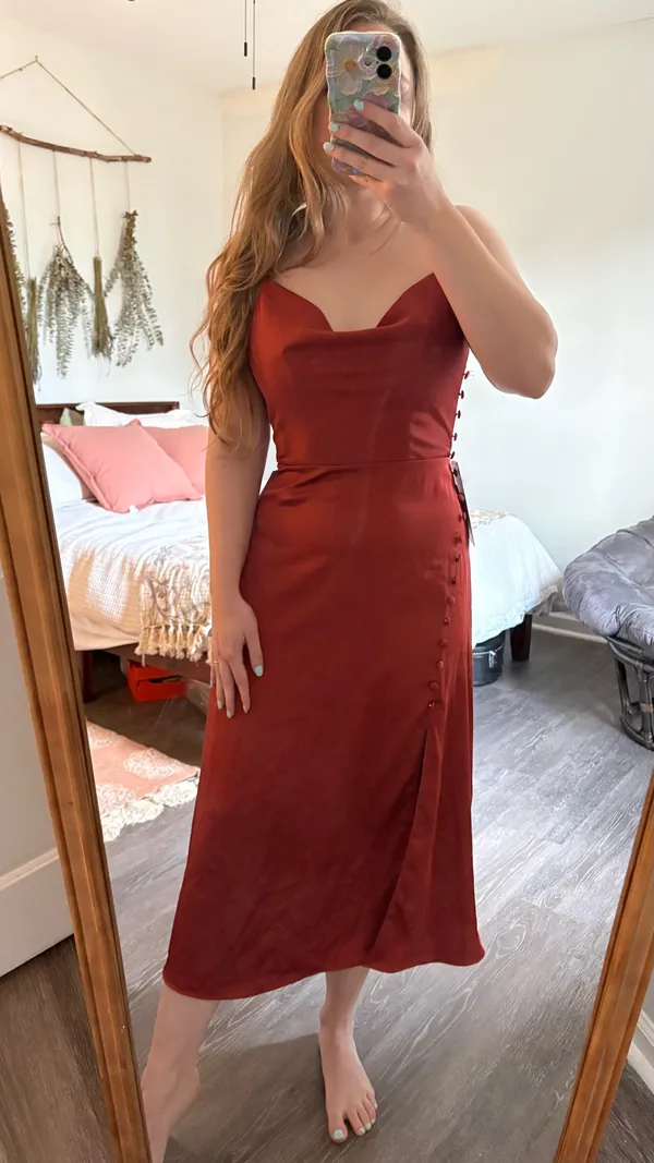 Azazie midi terracotta satin dress - Image 2