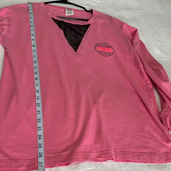 PINK Victoria's Secret Pink Long Sleeve Tee Black Mesh Detail Medium Oversized - Image 8