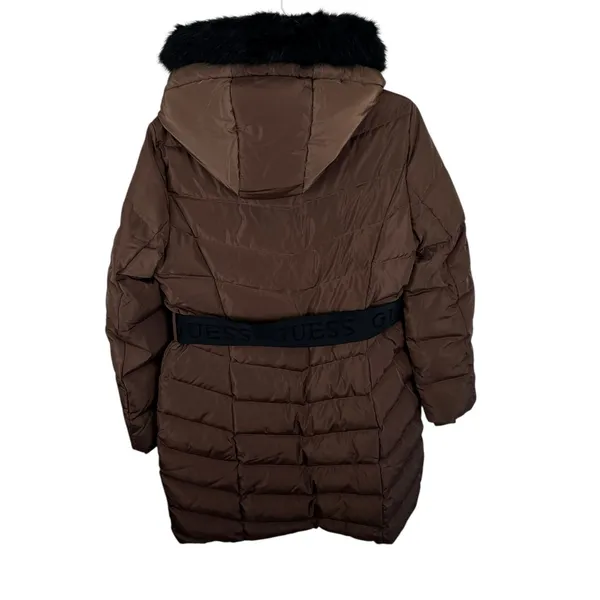 GUESS‎ Janina Brown Long Line Faux Fur Hood Full Zip Down Puffer Jacket Size L - Image 3