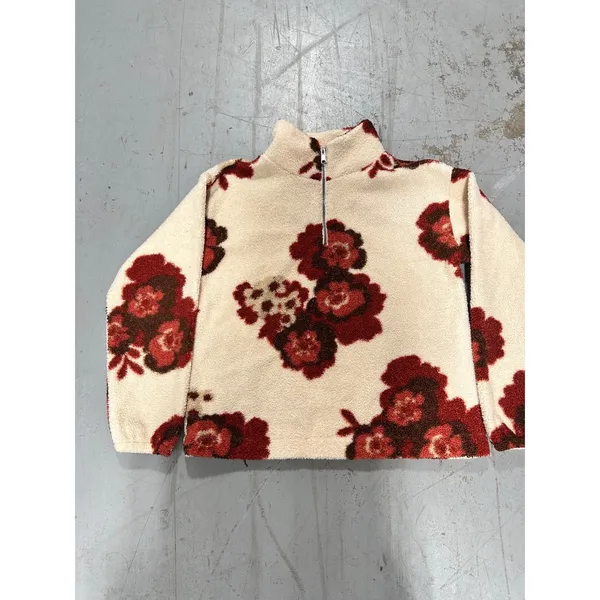 Loft Floral Sherpa Fleece Quarter Zip Pullover Cream Red Brown Small - Image 2