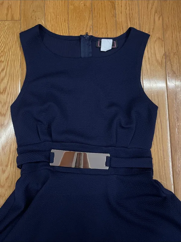 Sleeveless Navy Fit-and-Flare Mini Dress with Decorative Belt - Image 2