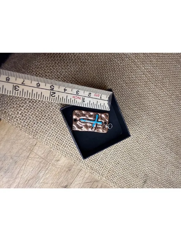 Turquoise-Inlaid Copper Cross Pendant With Rustic Textured Finish Handmade Recta - Image 5