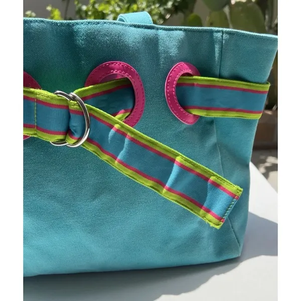 Vintage Polo Ralph Lauren Summer Canvas Tote Bag Purse Pink/Fuchsia & Blue - Image 2