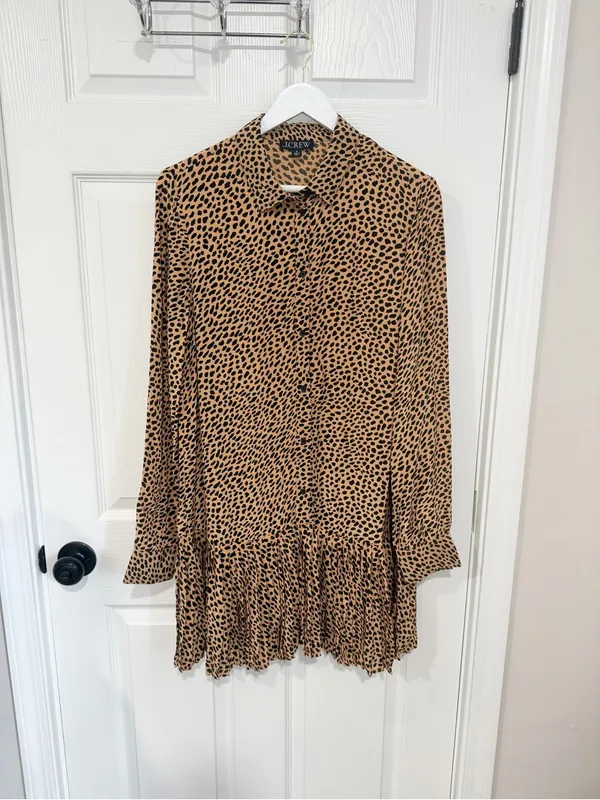 J.Crew Leopard Print Shirt Dress Pleated Hem Long Sleeve Brown Black Size M - Image 2
