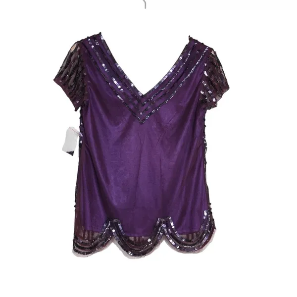 Cache Womens M Purple Short Sleeve Sequin Evening Cocktail Blouse NEW - Image 2