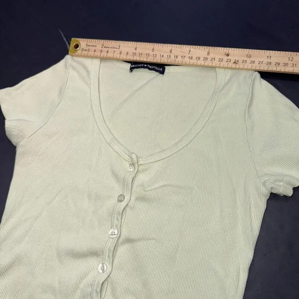 Brandi Melville Green Minimalist Full Button Cotton Crop Short Sleeve‎ Top 0 - Image 8