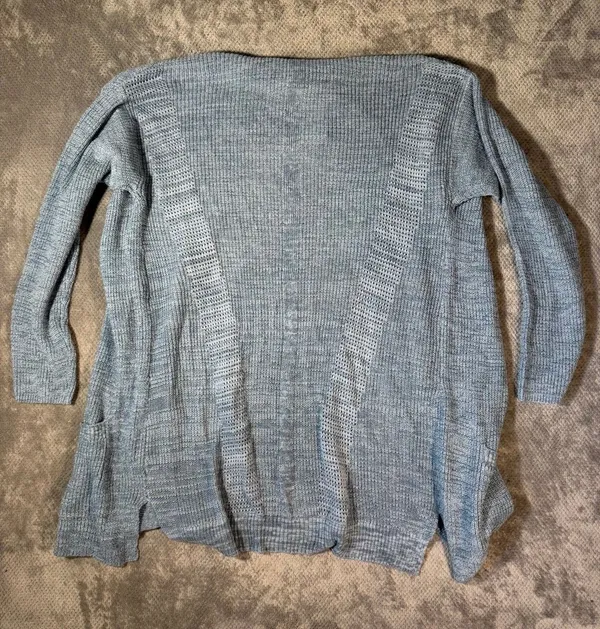 Linda Matthews Open Front Knit Cardigan Light Blue Large NWT Longline Pockets - Image 8