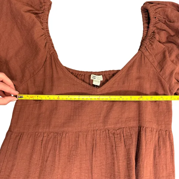 Billabong Fall For Ya Brown Cotton Gauze Tiered Puff Sleeve Mini Dress NWT Small - Image 11