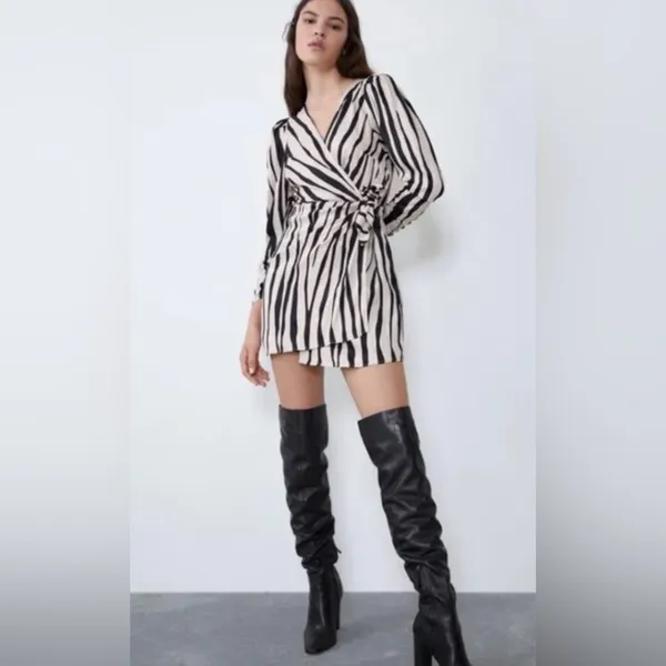 ZARA Zebra Print Satin Wrap Mini Dress w/‎ Tie Ruched Cuffs Black & Ecru Medium - Image 2