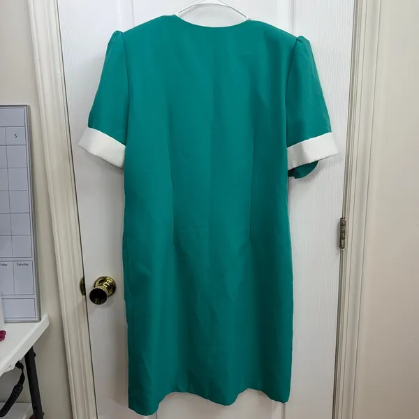 Vintage Lenore S teal lace embroidered collared button down maid dress‎ pleated - Image 7
