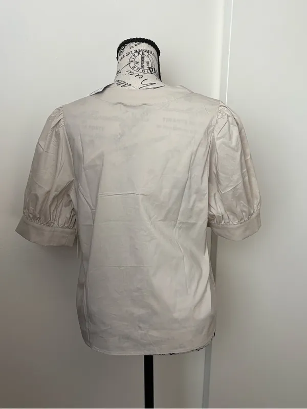 Women's Cream V-Neck Button Front Puff Sleeve Blouse - Image 2