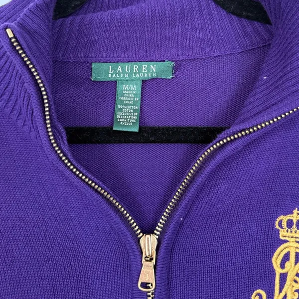 Ralph Lauren Vintage Womens Full Zip Sweater Logo Patch Purple Preppy - Image 5