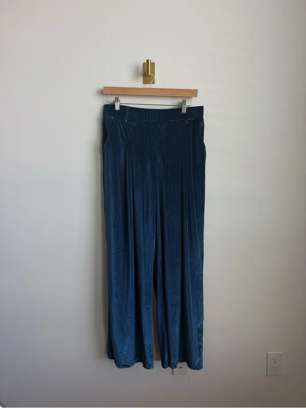 Halara Ribbed Velvet Palazzo Pants Blue Teal High Waisted Wide Leg Pull On Large - Image 3