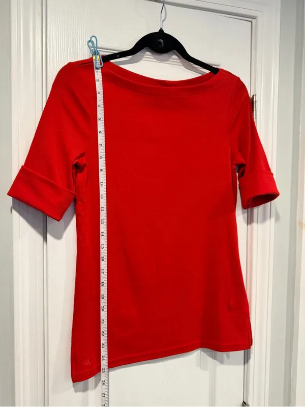 NWOT LRL Lauren Ralph Lauren Size S Red Boat Neck Cuffed Sleeve Top Cotton - Image 9
