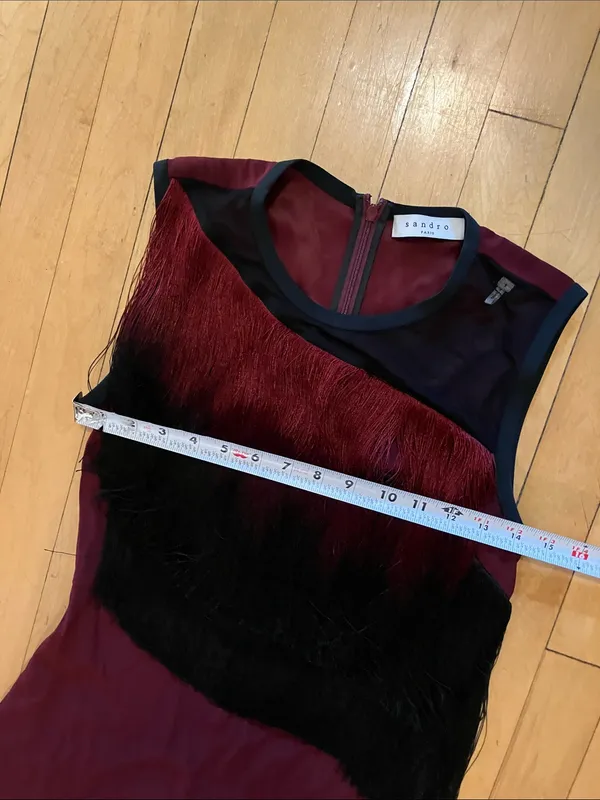 Sandro Ringo Black and Burgundy Maroon Tassel Fringe Cocktail Flapper Dress US 4 - Image 12