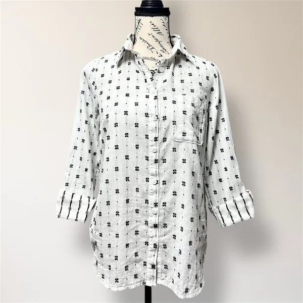 Maeve Anthropologie White‎ Black Clip Dot Cotton Button Down Roll Tab Shirt Boho - Image 2