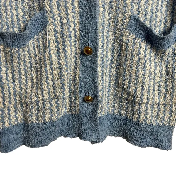 ZARA Blue Chunky Oversized Tweed Striped Button Cardigan Sweater Size S - Image 7